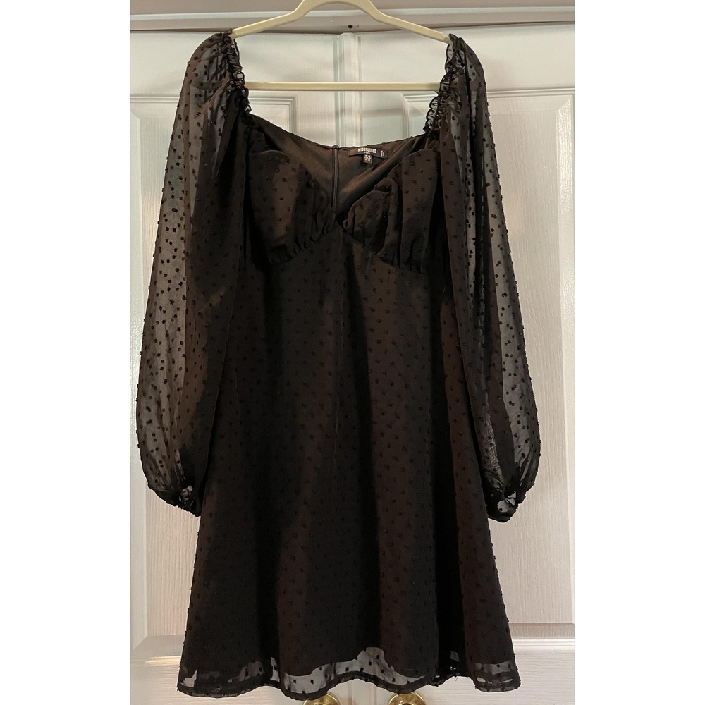 Missguided Dress Womens 14 Plus Black Polka Dot Sheer Chiffon Fit & Flare Mini